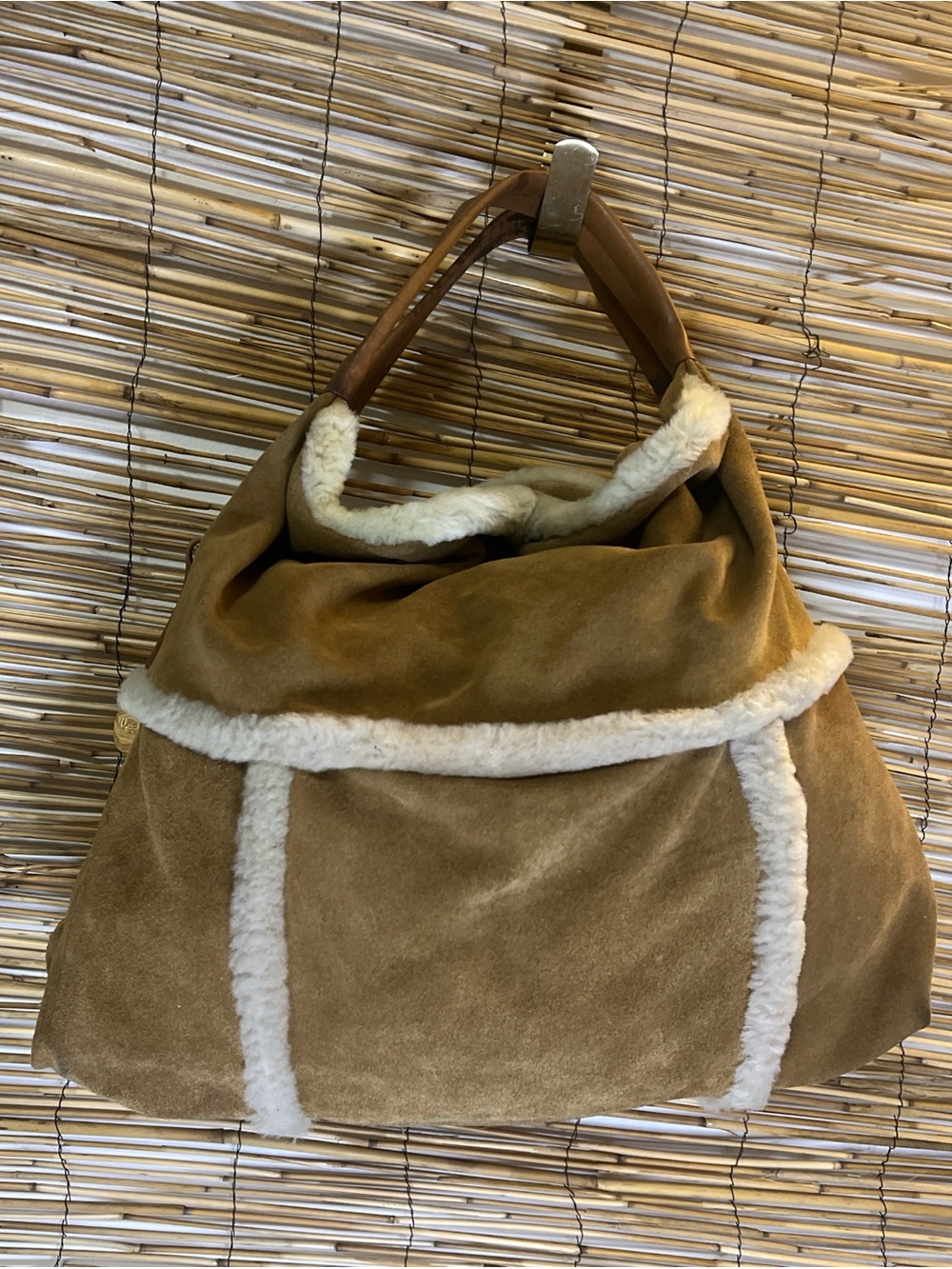 UGG Tan Suede Shoulder Bag with Cream Shearling Trim